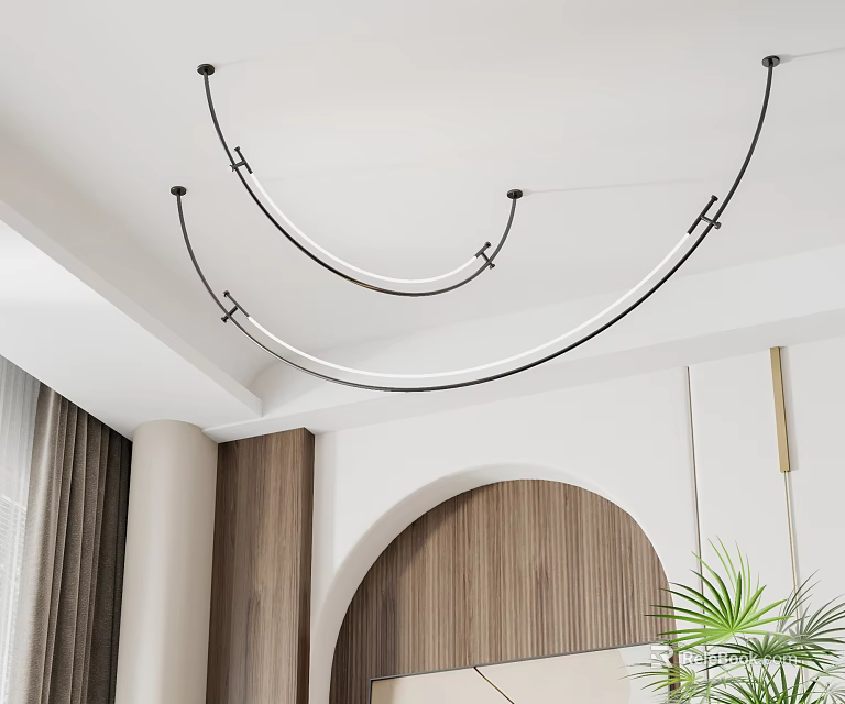 Modern Curved Chandelier In Contemporary Interior With Wooden Wall Archway And Green Plant 3d model 