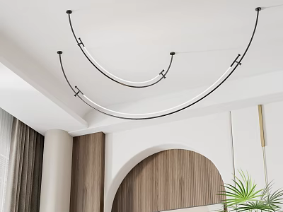 Modern Curved Chandelier In Contemporary Interior With Wooden Wall Archway And Green Plant 3d model