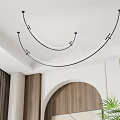 Modern Curved Chandelier In Contemporary Interior With Wooden Wall Archway And Green Plant