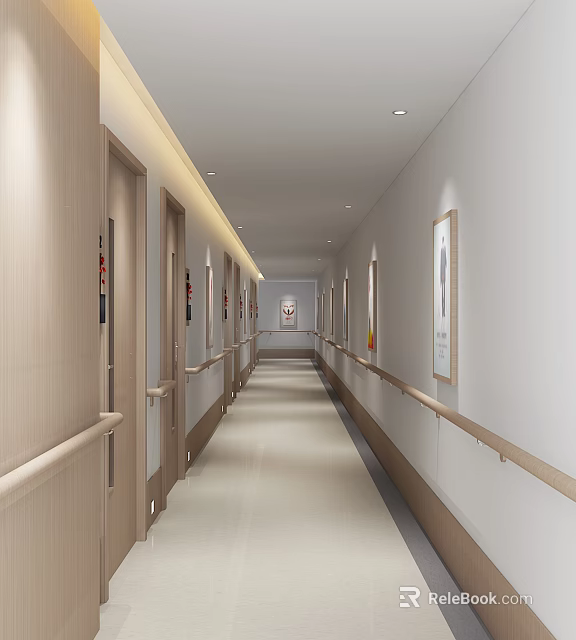 Elevator Hallway With Light Colored Walls Wooden Railings And Framed Artworks 3d model 