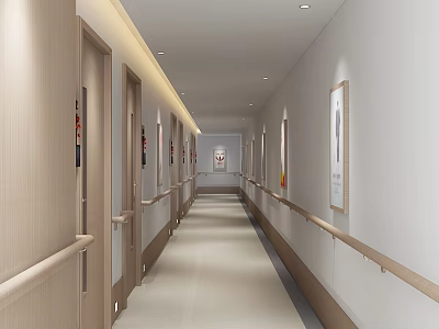 Elevator Hallway With Light Colored Walls Wooden Railings And Framed Artworks 3d model