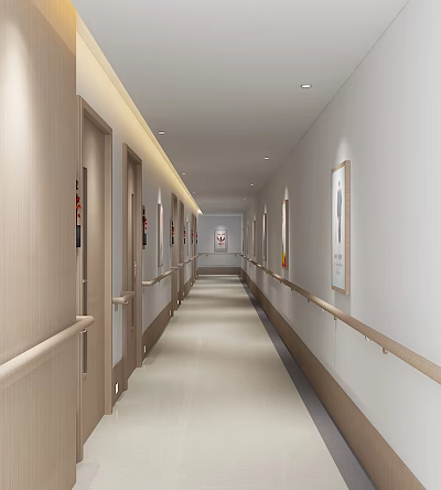 Elevator Hallway With Light Colored Walls Wooden Railings And Framed Artworks 3d model