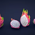 Whole and Sliced Dragon Fruit with Pink Skin and Black Seeds on Dark Background