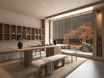 Traditional Japanese Tea Room Featuring Wooden Shelves Tea Sets Long Table Bench and Zen Garden 3d model
