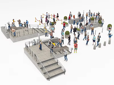 Crowd of People Walking And Gathering In Public Area With Stairs And Handrails 3d model