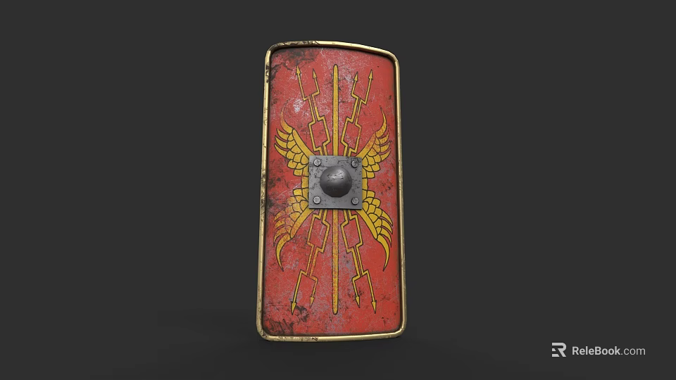 Ancient Roman Shield As Medieval Weapon With Red Background Golden Wings And Lightning Patterns 3d model 