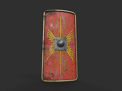 Ancient Roman Shield As Medieval Weapon With Red Background Golden Wings And Lightning Patterns 3d model