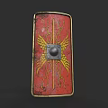Ancient Roman Shield As Medieval Weapon With Red Background Golden Wings And Lightning Patterns