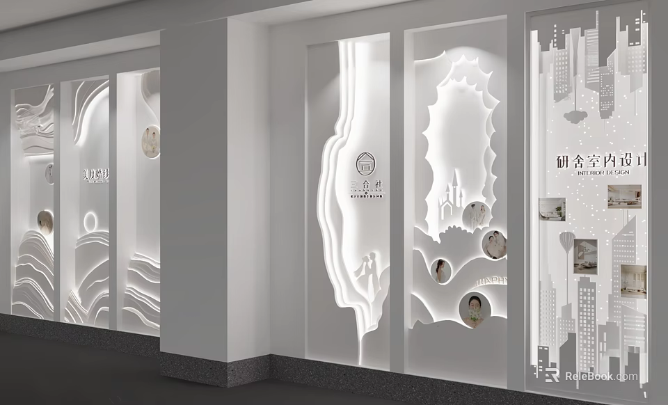 Elegant Modern White Shop Window With Carved Glass Decorations Figure And City Silhouettes 3d model 