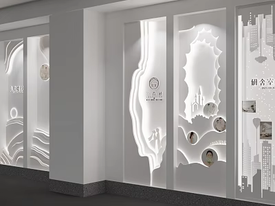 Elegant Modern White Shop Window With Carved Glass Decorations Figure And City Silhouettes 3d model