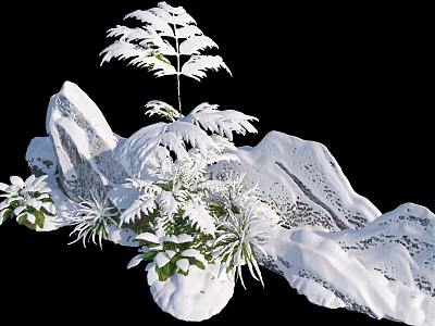 Artistic Garden Ornament Featuring Snow Covered Rockery And Lush Green Plants 3d model