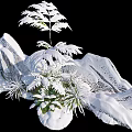 Artistic Garden Ornament Featuring Snow Covered Rockery And Lush Green Plants