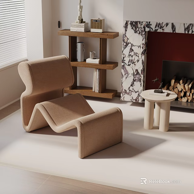 Beige Fabric Accent Chair In Contemporary Living Space With Small Table And Fireplace 3d model 