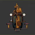 Steampunk Style Mobile Food Cart With Red Roof Green Body And Red Stools