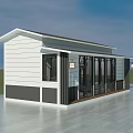Modern Guesthouse Room Exterior with Glass Doors White Walls and Gray Roof
