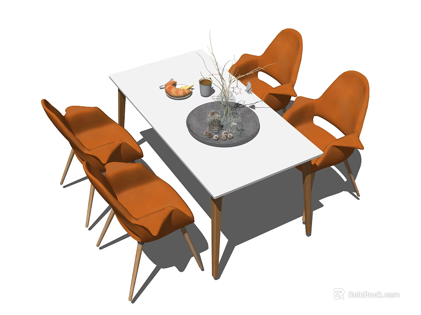 White Dining Table Set With Four Orange Chairs And Decorative Items On Top 3d model