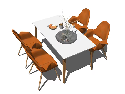 White Dining Table Set With Four Orange Chairs And Decorative Items On Top 3d model