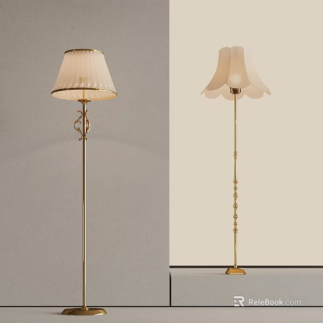 Two Elegant Floor Lamps With Pleated And Petal Shaped Shades And Golden Poles 3d model 