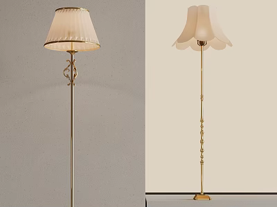 Two Elegant Floor Lamps With Pleated And Petal Shaped Shades And Golden Poles 3d model