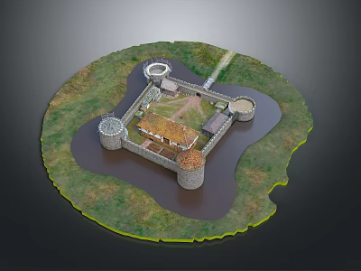 3D Castle Model With Moat Towers Grass And Bridge Design 3d model