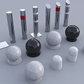 Various Types of Road Barriers Including Metal Cylindrical and Concrete Round Designs