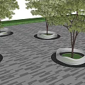 Multiple Circular Tree Planters With Green Trees On Paved Outdoor Landscaped Area 3d model
