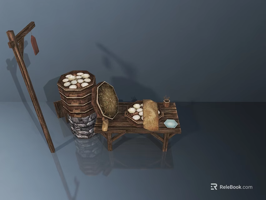 Traditional Handmade Steamed Buns in Bamboo Steamers on Wooden Table 3d model 