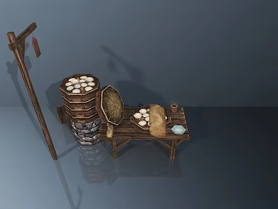 Traditional Handmade Steamed Buns in Bamboo Steamers on Wooden Table 3d model