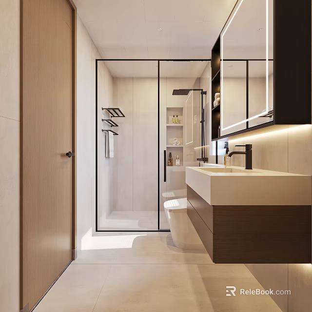 Modern Bathroom Interior Design With Glass Shower Toilet Vanity And Mirrored Cabinet 3d model 