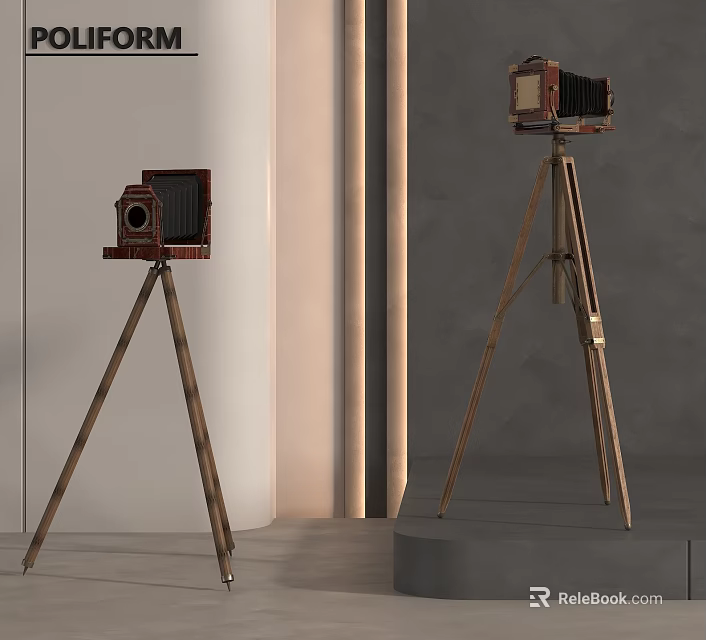 Vintage Film Cameras on Wooden Tripods in Neutral Indoor Space 3d model 