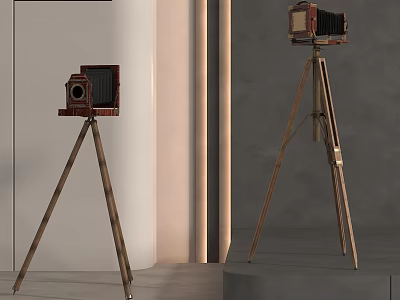 Vintage Film Cameras on Wooden Tripods in Neutral Indoor Space 3d model