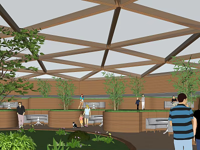 Modern Restaurant Interior With Wooden Roof Structure Lush Plants And Cozy Seating 3d model