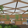 Modern Restaurant Interior With Wooden Roof Structure Lush Plants And Cozy Seating
