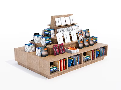 Wooden Display Shelf Multi Tiered Structure With Stacked Books And Card Holders 3d model