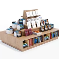 Wooden Display Shelf Multi Tiered Structure With Stacked Books And Card Holders
