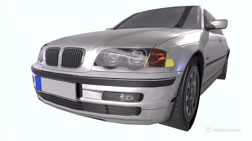 Silver Sedan Car Front View With Headlights Grille And License Plate 3d model 