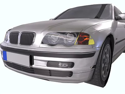 Silver Sedan Car Front View With Headlights Grille And License Plate 3d model