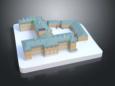 Scenic Landscape of Yellow Building Complex with Gray Roofs in Architectural Model 3d model
