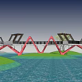 Modern Landscape Bridge With Red Zigzag Structure Over Water And Green Grass 3d model