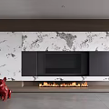 Modern TV Wall Design With Marble Texture Black Panels Fireplace And Red Sculpture