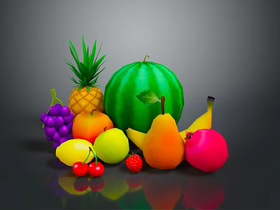 Fresh Assorted Fruits Including Pineapple Watermelon Grapes Pears Bananas Cherries And Strawberries On Dark Background 3d model