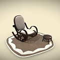 Rocking Chair with Wooden Armrests Upholstered Seat and Backrest on Brown Rug with Small Stool