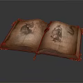 Ancient Open Book with Decorative Edges and Illustrated Pages Featuring Sketches of Figures and Creatures