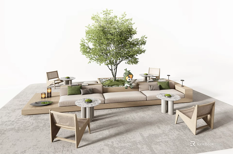 Modern Outdoor Sofa And Coffee Table Set With Green Cushions Round Tables And Trees 3d model 