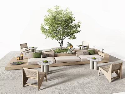 Modern Outdoor Sofa And Coffee Table Set With Green Cushions Round Tables And Trees 3d model