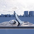 Modern Urban Water Fountain With Silver Sculpture Square Base And Blue Sky