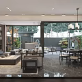Modern Living And Dining Room Interior With Wooden Furniture Large Windows And Chandelier