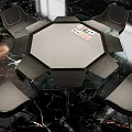 High end Octagonal Poker Table Recreation Equipment with Black Chairs and Playing Cards on Marble Floor