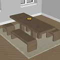 Wooden Dining Table Set with Benches Fruit Bowl and Area Rug in Bright Dining Room