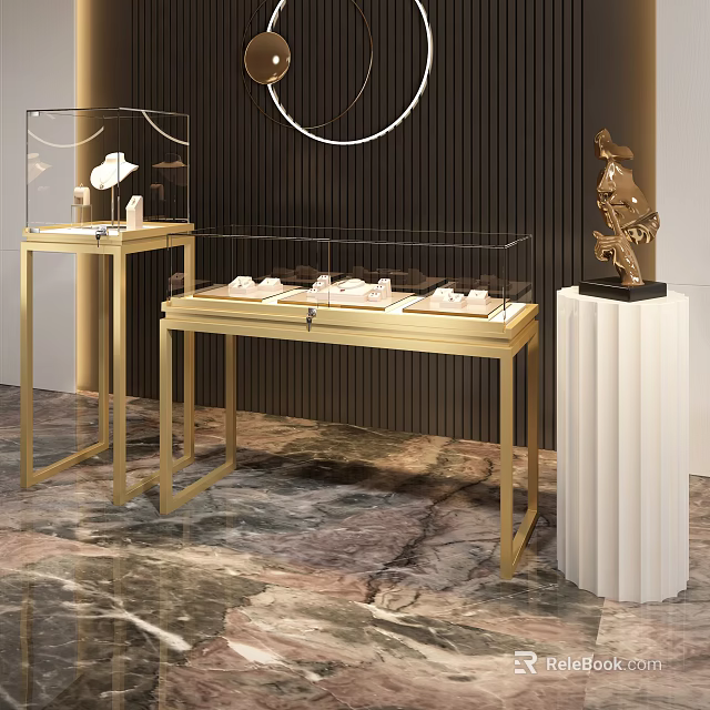Elegant Glass Display Cabinets With Golden Metal Frame Showcasing Jewelry On Marble Floor 3d model 